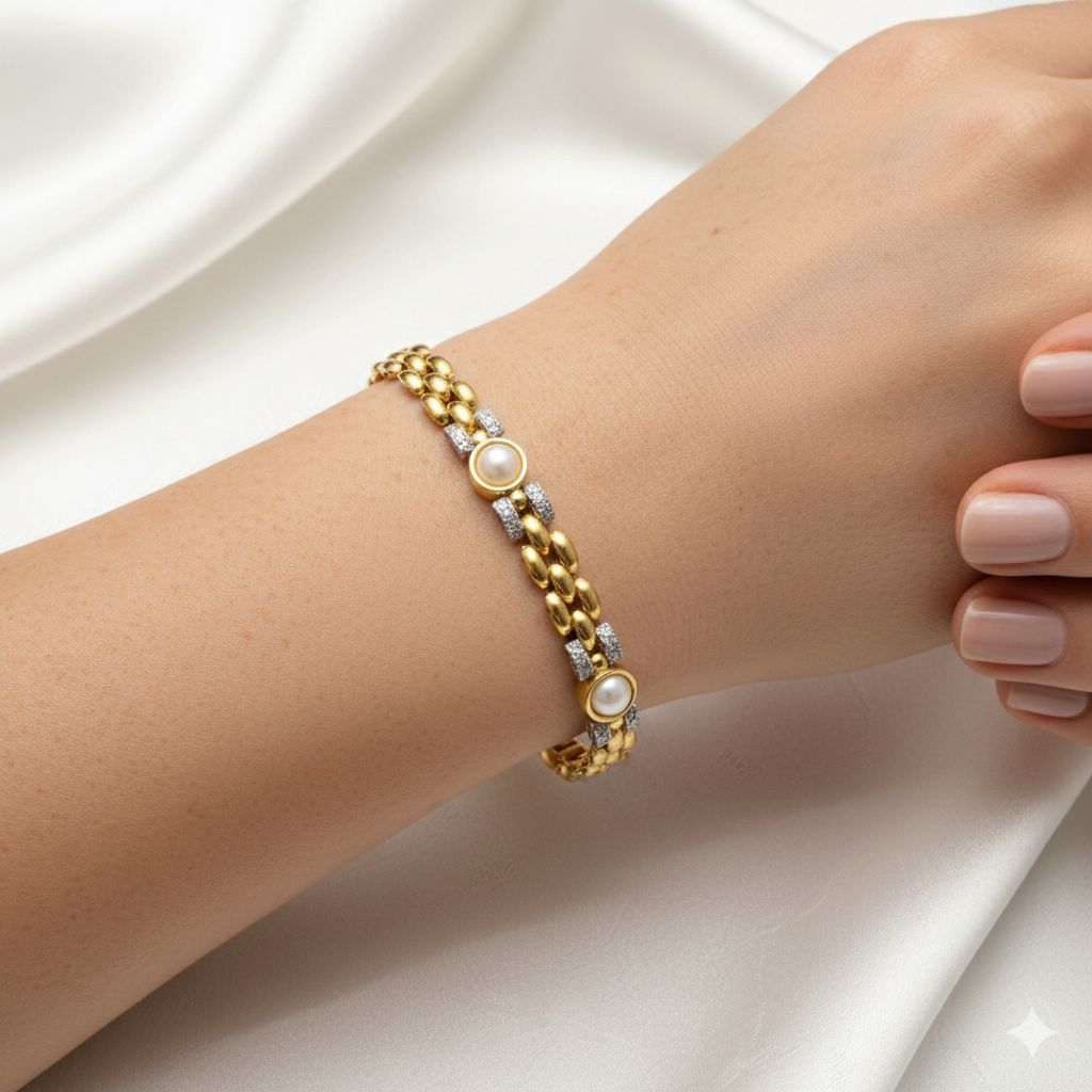 PULSERA EN ORO 18K CON ESLABONES, PERLAS Y ORO BLANCO