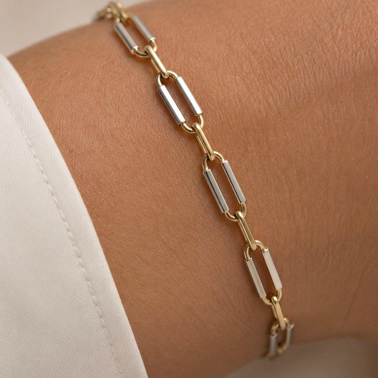 PULSERA DE ESLABONES RECTANGULARES BICOLOR EN ORO 18K