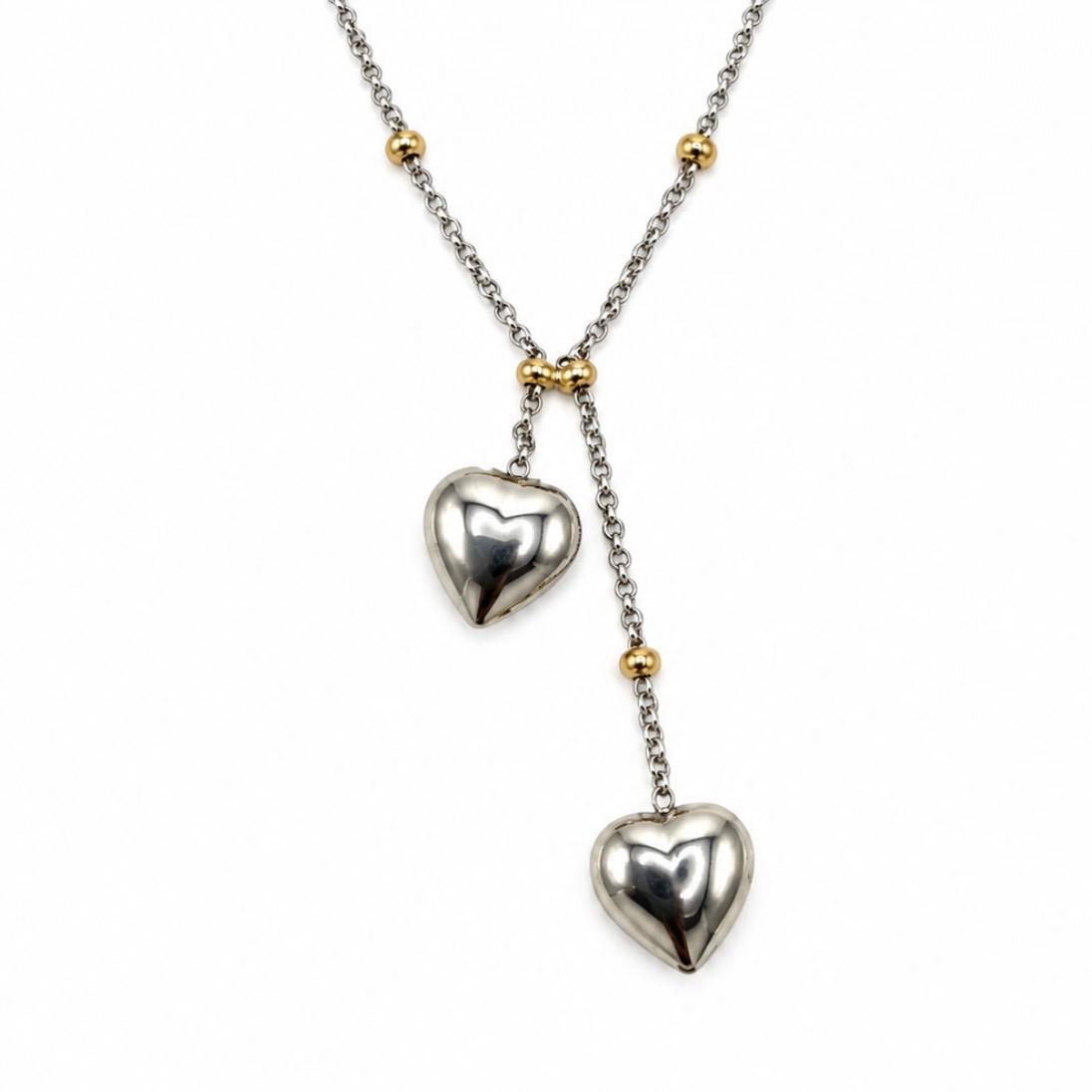 COLLAR ITALIANO DOS CORAZONES BICOLOR EN ORO 18K