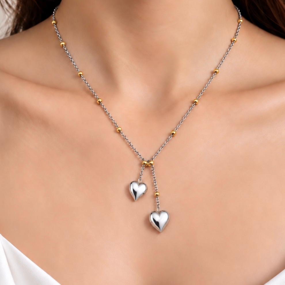 COLLAR ITALIANO DOS CORAZONES BICOLOR EN ORO 18K