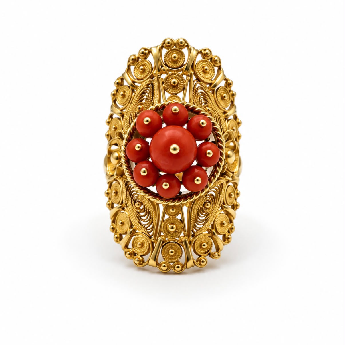 ANILLO DE FILIGRANA EN ORO 18K CON CORAL