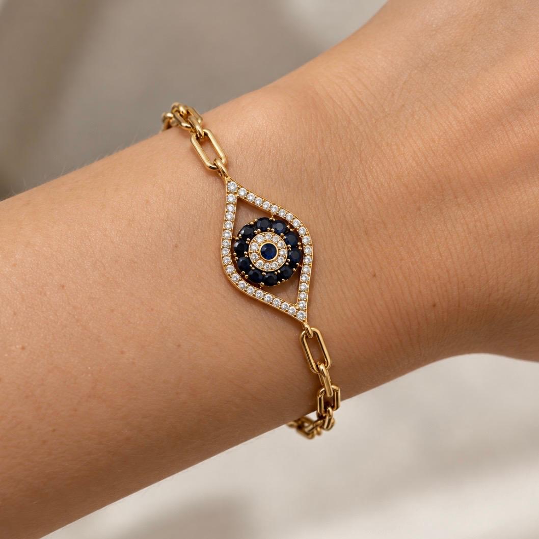 PULSERA OJO PROTECTOR EN ORO 14K CON ZAFIROS Y BRILLANTES