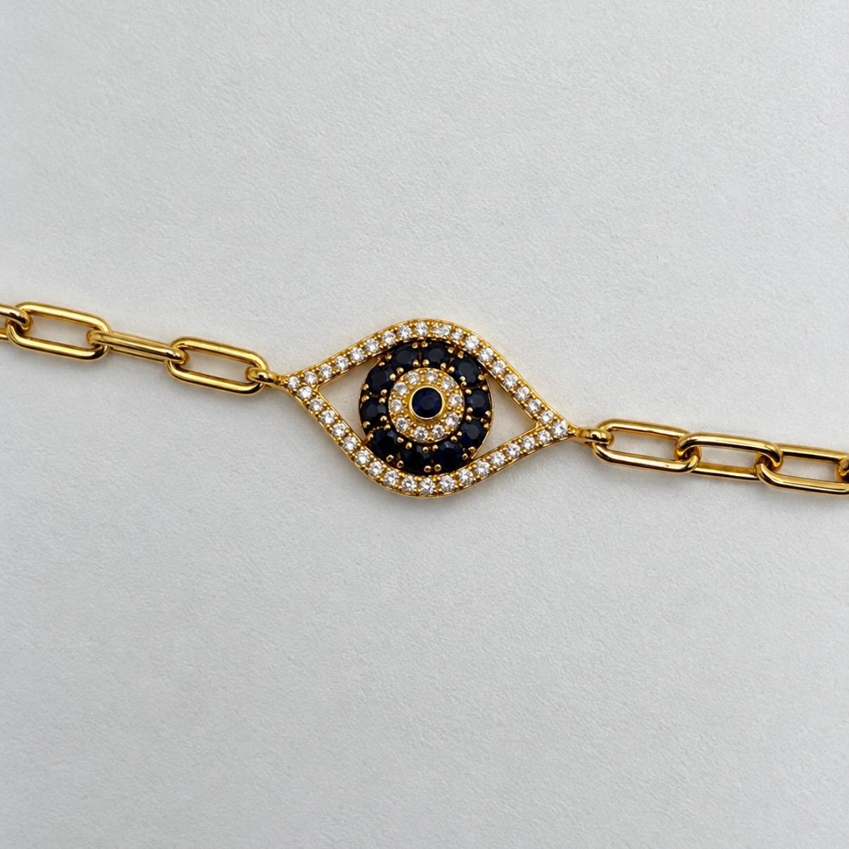 PULSERA OJO PROTECTOR EN ORO 14K CON ZAFIROS Y BRILLANTES
